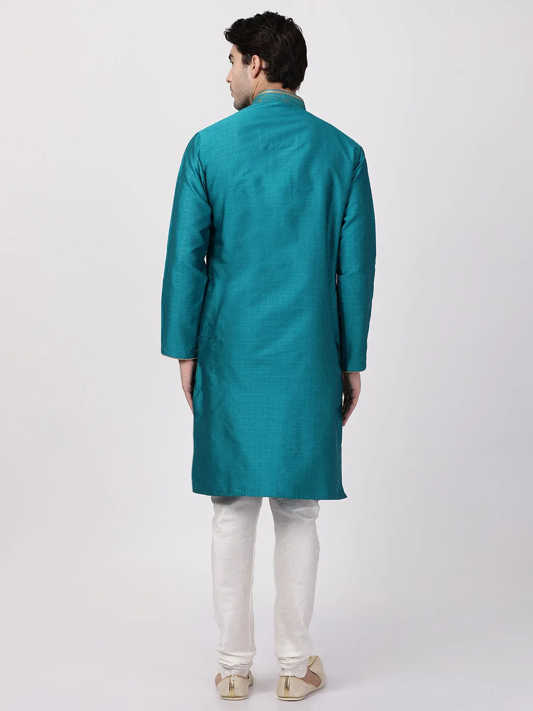 Jashvi Men's Blue Cotton Silk Blend Kurta and Churidar Set