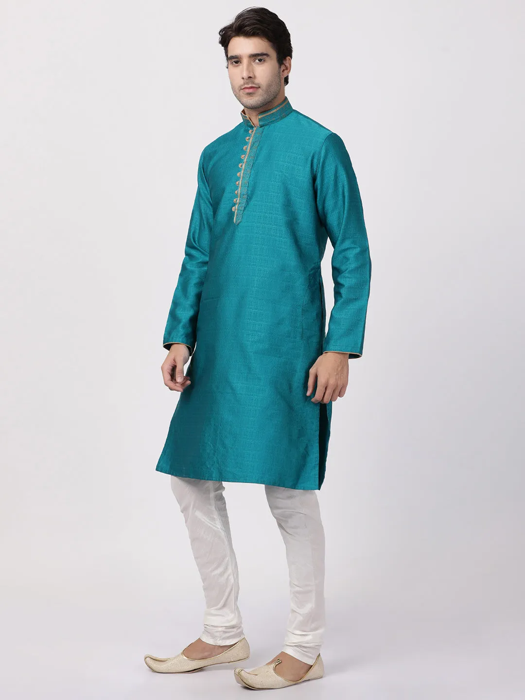 Jashvi Men's Blue Cotton Silk Blend Kurta and Churidar Set