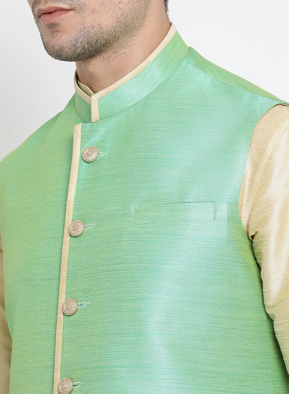 Jashvi Men's Cream Cotton Silk Blend Kurta, Nehru Jacket and Pyjama Set