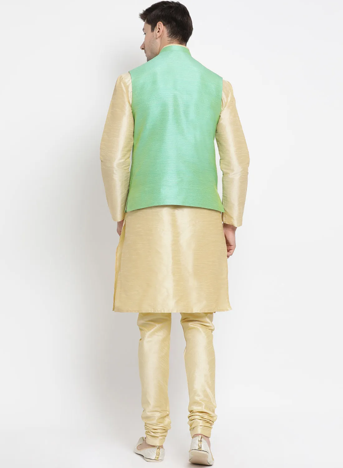 Jashvi Men's Cream Cotton Silk Blend Kurta, Nehru Jacket and Pyjama Set