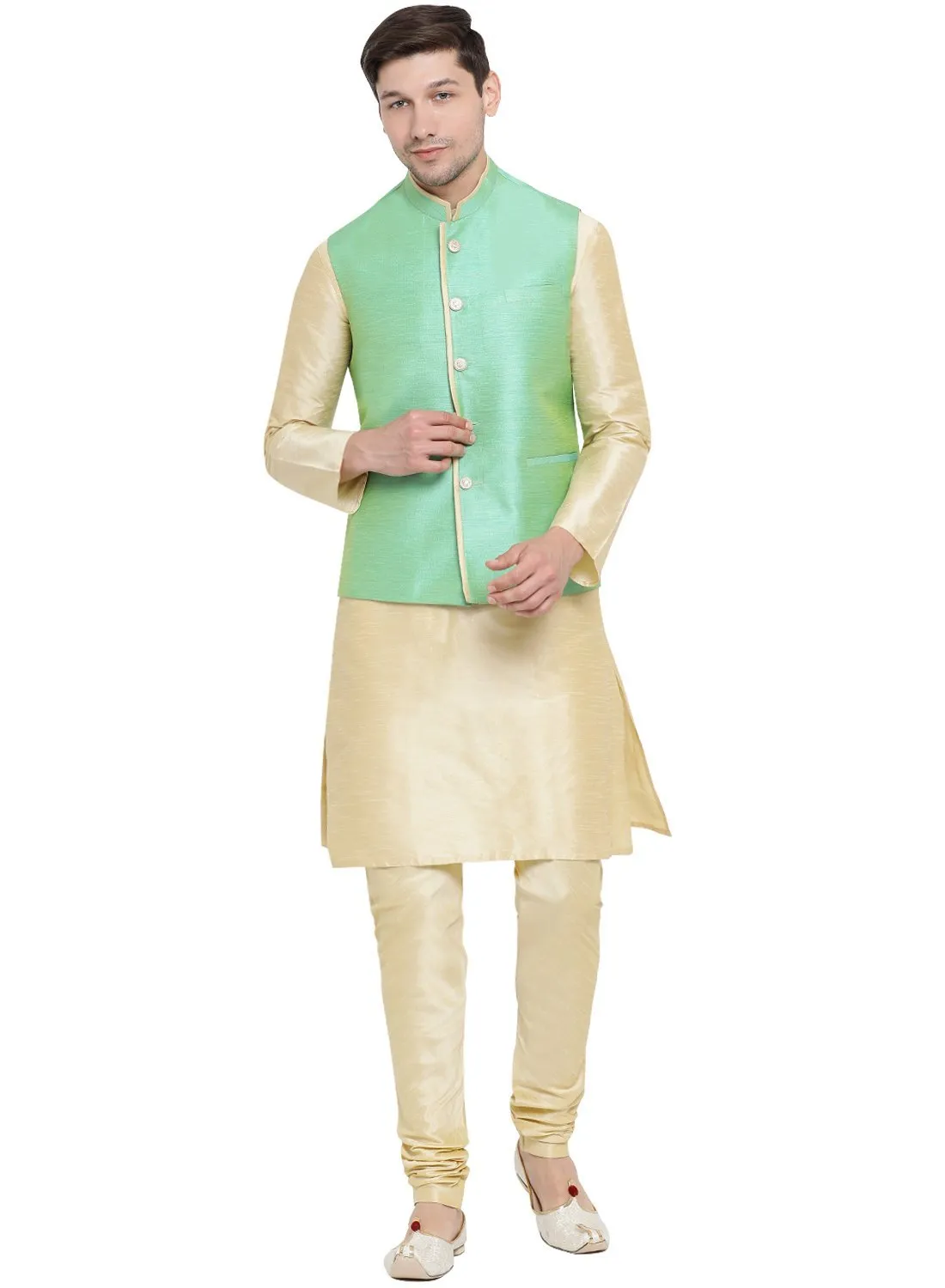 Jashvi Men's Cream Cotton Silk Blend Kurta, Nehru Jacket and Pyjama Set