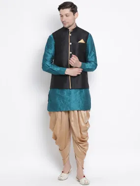 Jashvi Men's Dark Green Cotton Silk Blend Ethnic Jacket, Kurta and Dhoti Pant Set