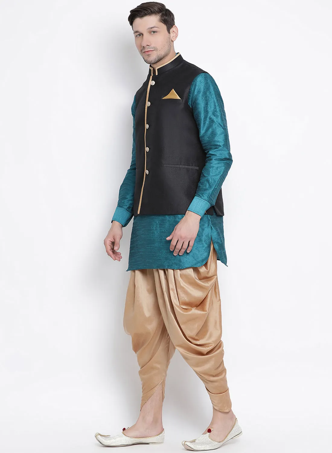 Jashvi Men's Dark Green Cotton Silk Blend Ethnic Jacket, Kurta and Dhoti Pant Set