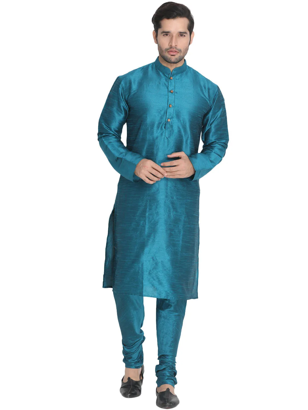 Jashvi Men's Dark Green Cotton Silk Blend Kurta and Pyjama Set