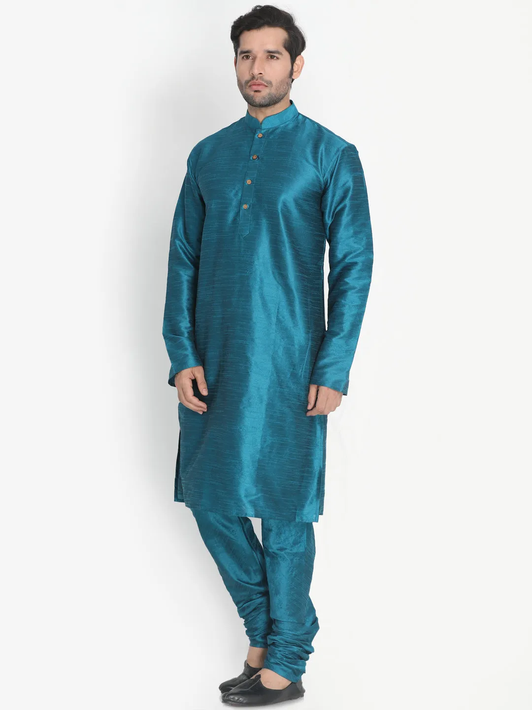 Jashvi Men's Dark Green Cotton Silk Blend Kurta and Pyjama Set