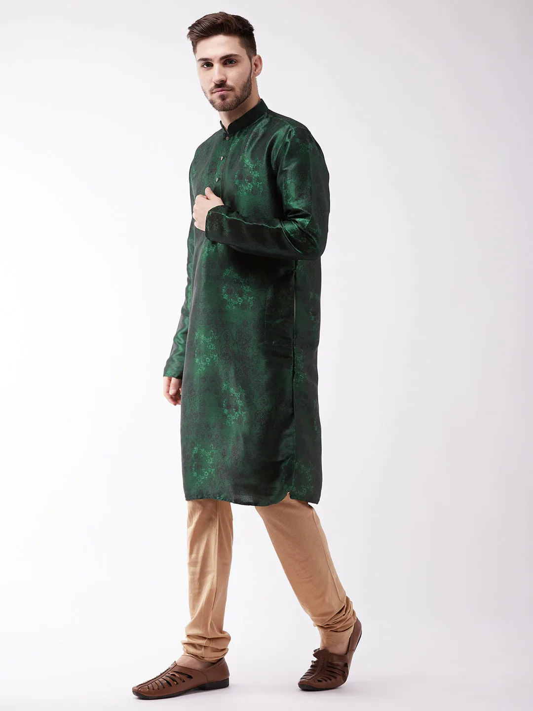 Jashvi Men's Green And Rose Gold Silk Blend Kurta Pyjama Set