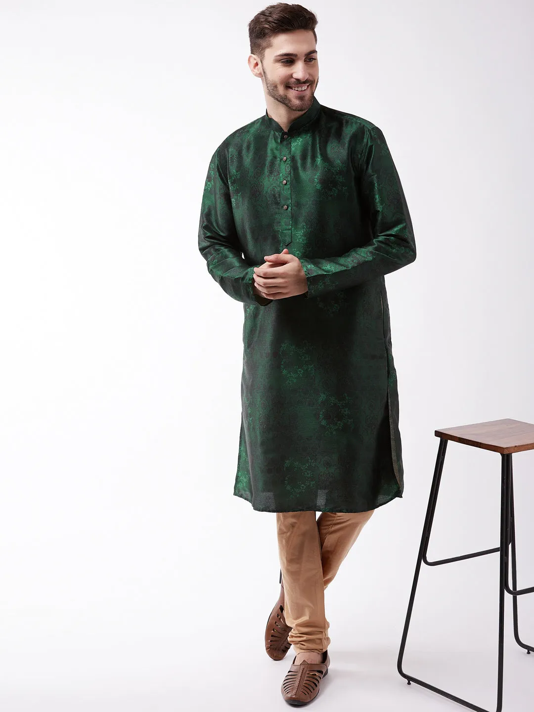 Jashvi Men's Green And Rose Gold Silk Blend Kurta Pyjama Set