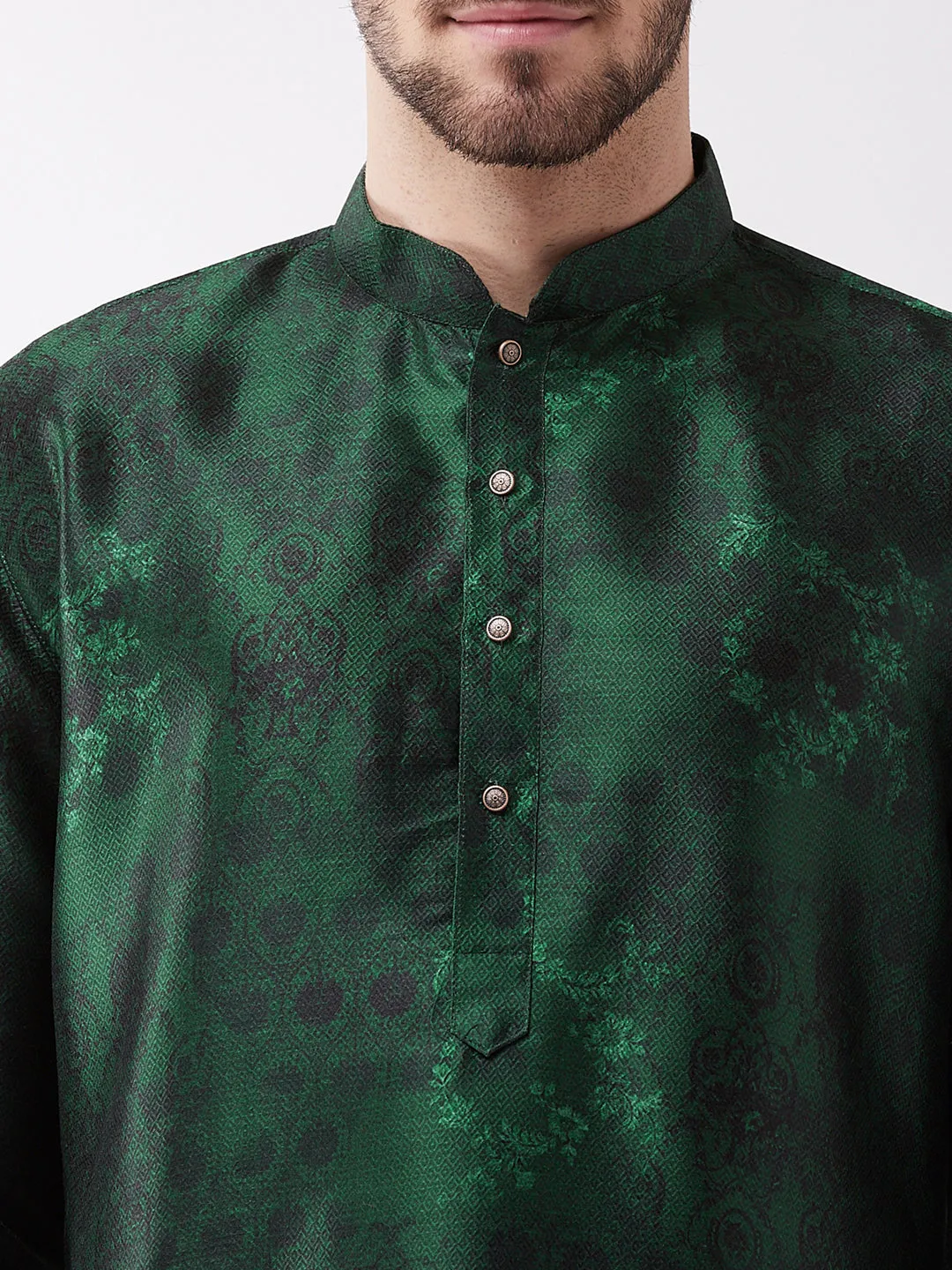 Jashvi Men's Green And Rose Gold Silk Blend Kurta Pyjama Set