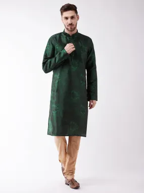 Jashvi Men's Green And Rose Gold Silk Blend Kurta Pyjama Set