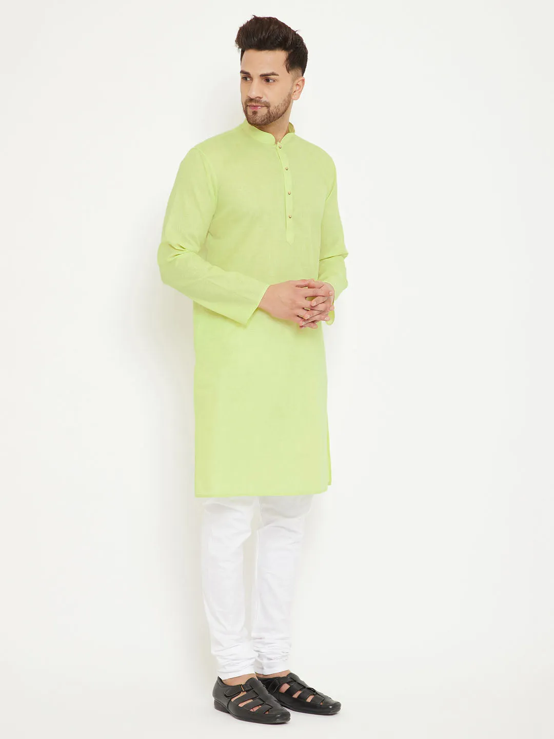 Jashvi Men's Green And White Cotton Blend Kurta Pyjama Set