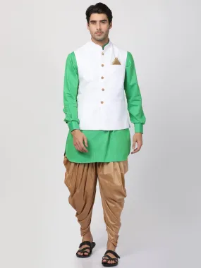 Jashvi Men's Green Cotton Blend Ethnic Jacket, Kurta and Dhoti Pant Set