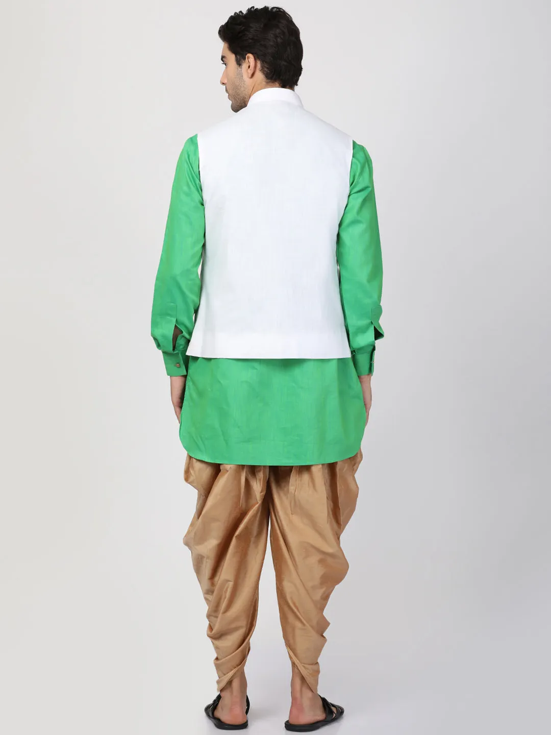 Jashvi Men's Green Cotton Blend Ethnic Jacket, Kurta and Dhoti Pant Set