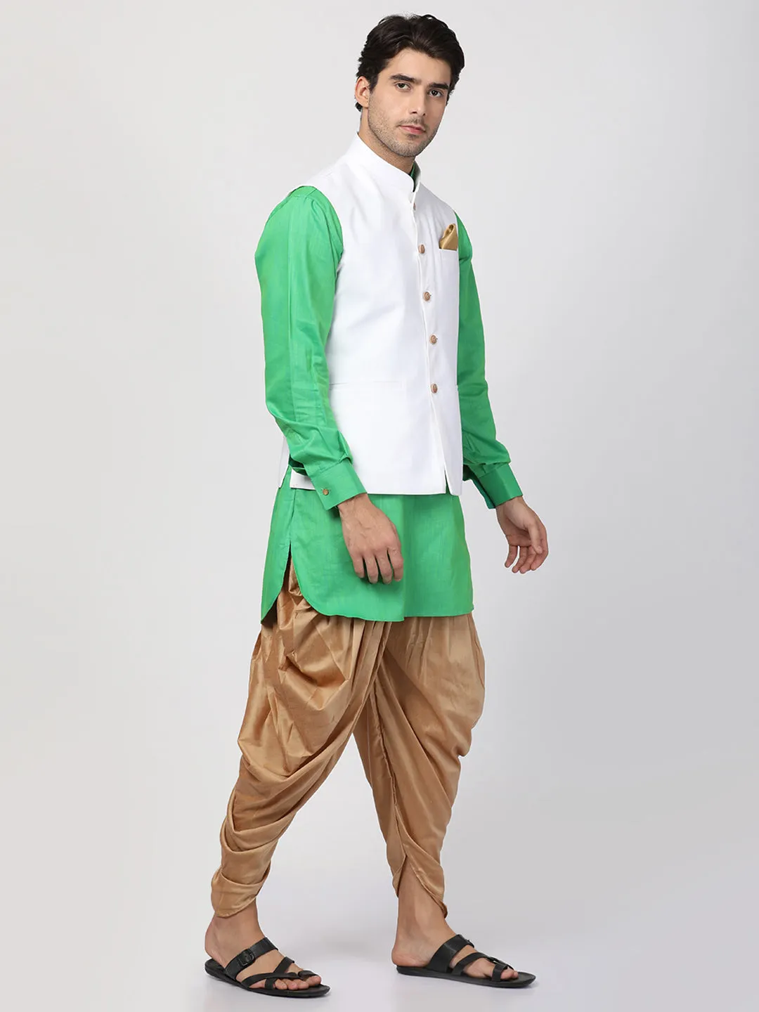 Jashvi Men's Green Cotton Blend Ethnic Jacket, Kurta and Dhoti Pant Set