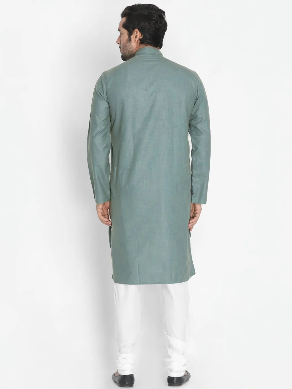 Jashvi Men's Green Cotton Blend Kurta and Churidar Set