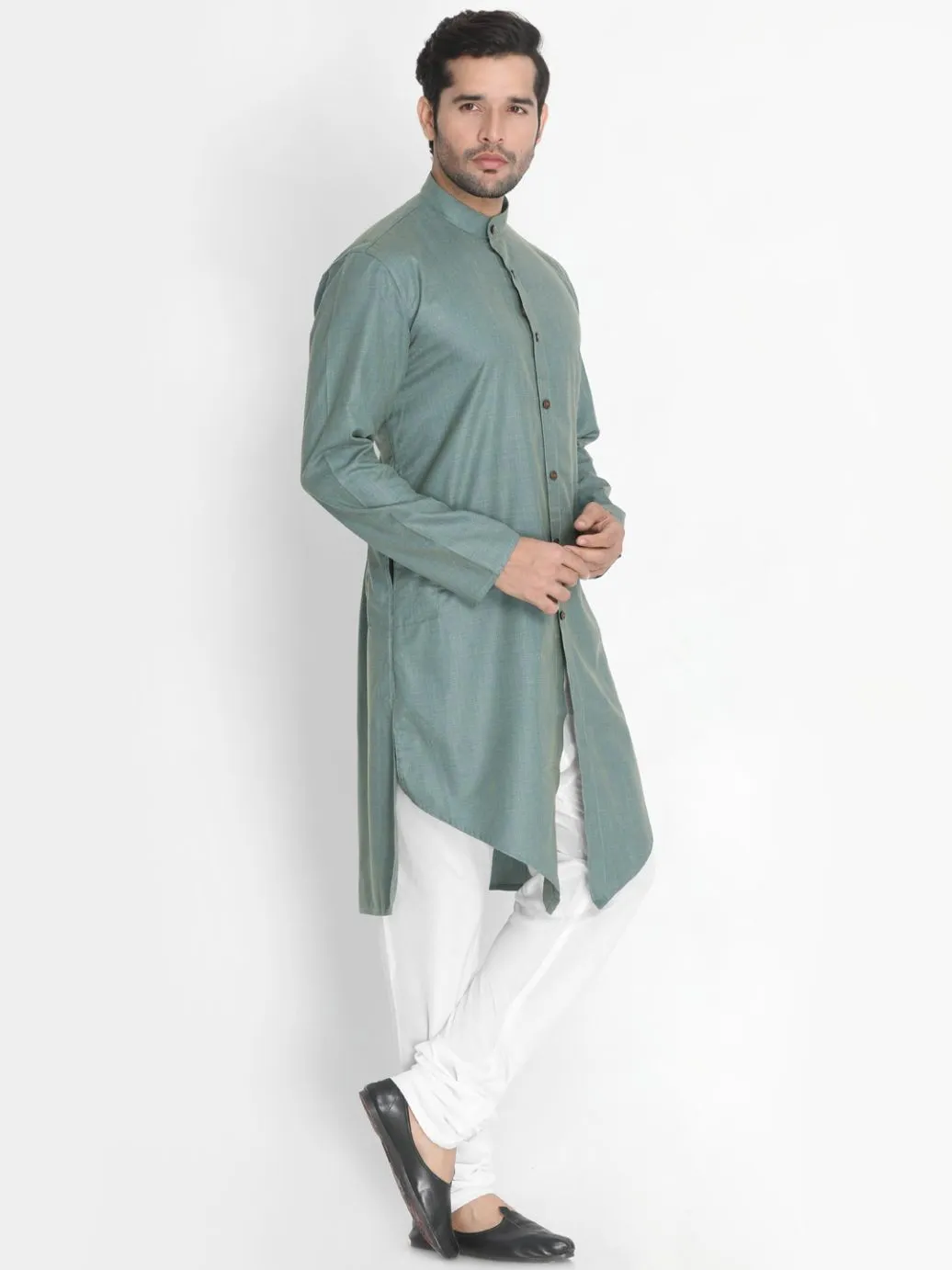 Jashvi Men's Green Cotton Blend Kurta and Churidar Set