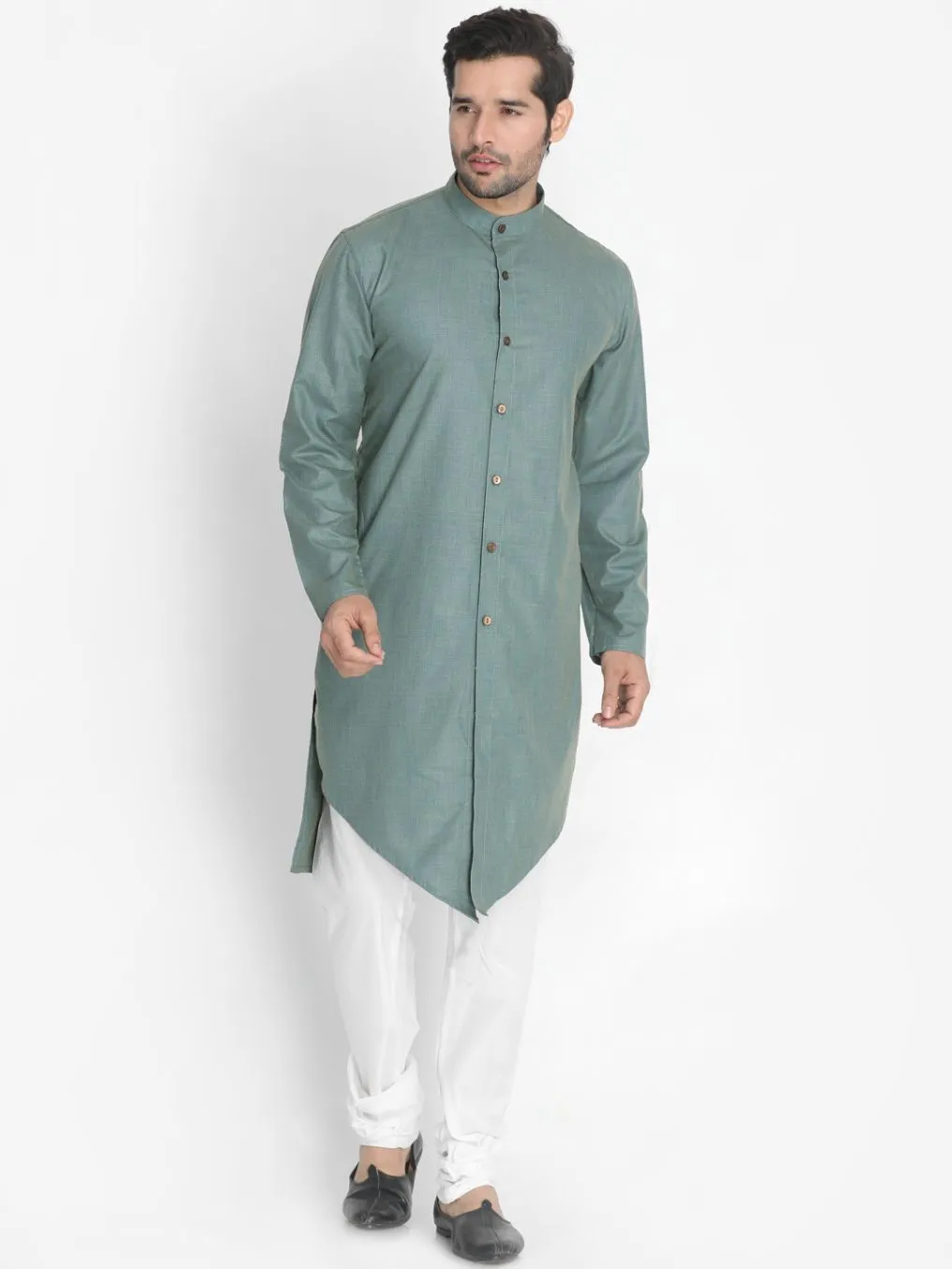 Jashvi Men's Green Cotton Blend Kurta and Churidar Set