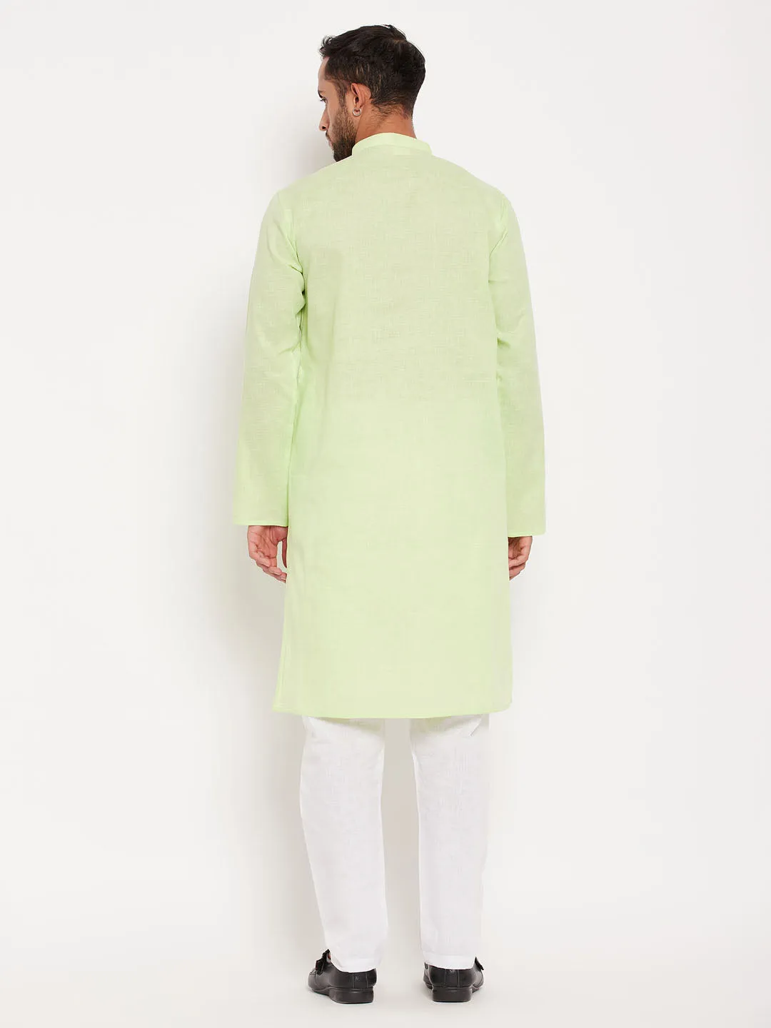 Jashvi Men's Green Cotton Kurta And White Pyjama Set