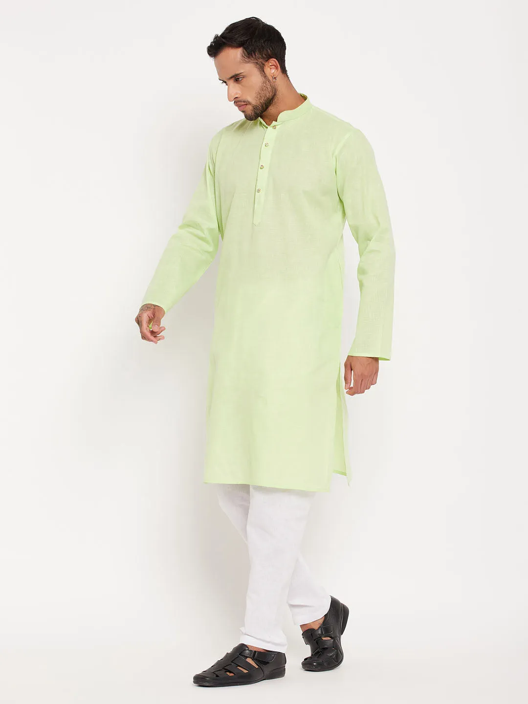 Jashvi Men's Green Cotton Kurta And White Pyjama Set