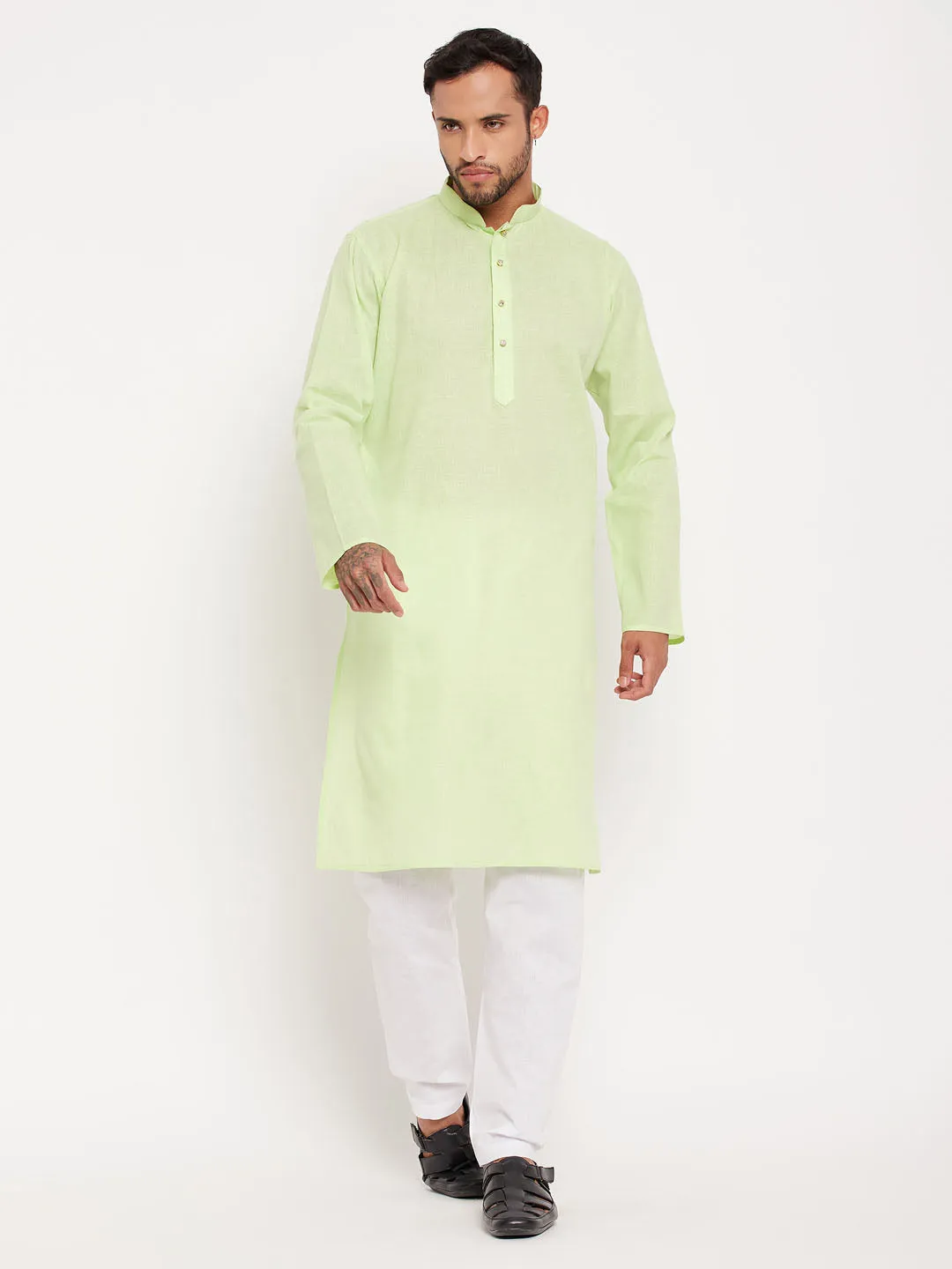 Jashvi Men's Green Cotton Kurta And White Pyjama Set