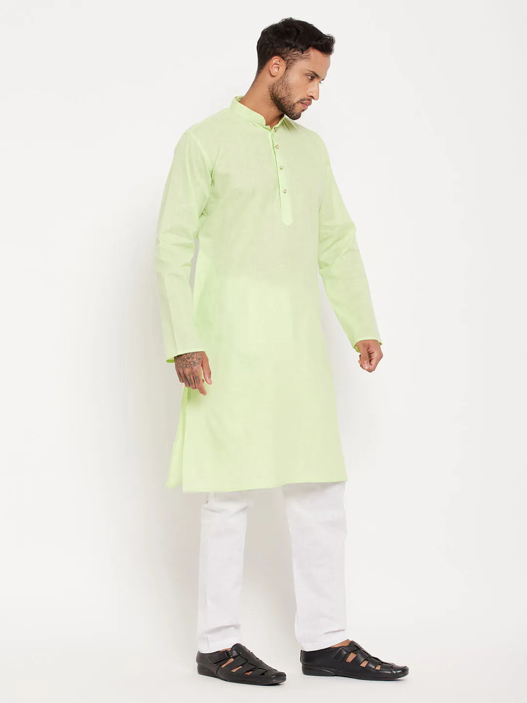 Jashvi Men's Green Cotton Kurta And White Pyjama Set