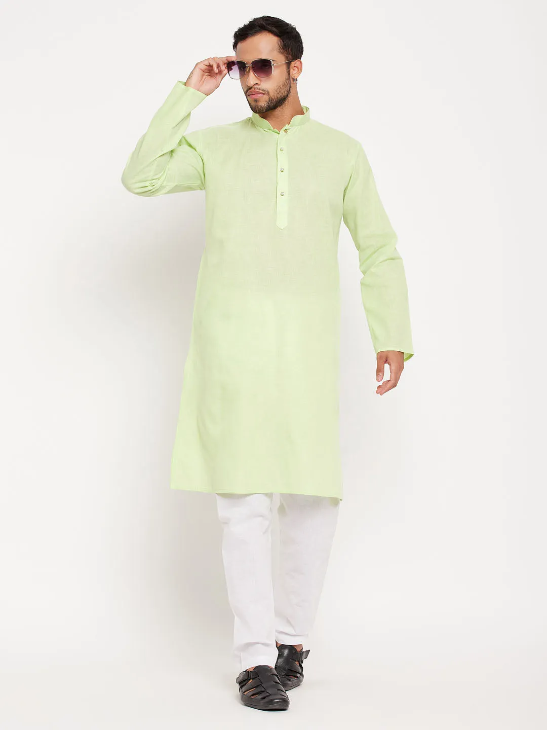 Jashvi Men's Green Cotton Kurta And White Pyjama Set