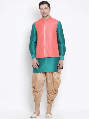 Jashvi Men's Green Cotton Silk Blend Ethnic Jacket, Kurta and Dhoti Pant Set