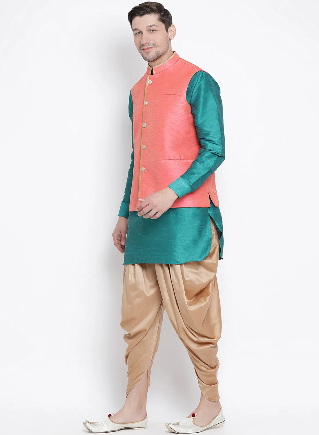 Jashvi Men's Green Cotton Silk Blend Ethnic Jacket, Kurta and Dhoti Pant Set