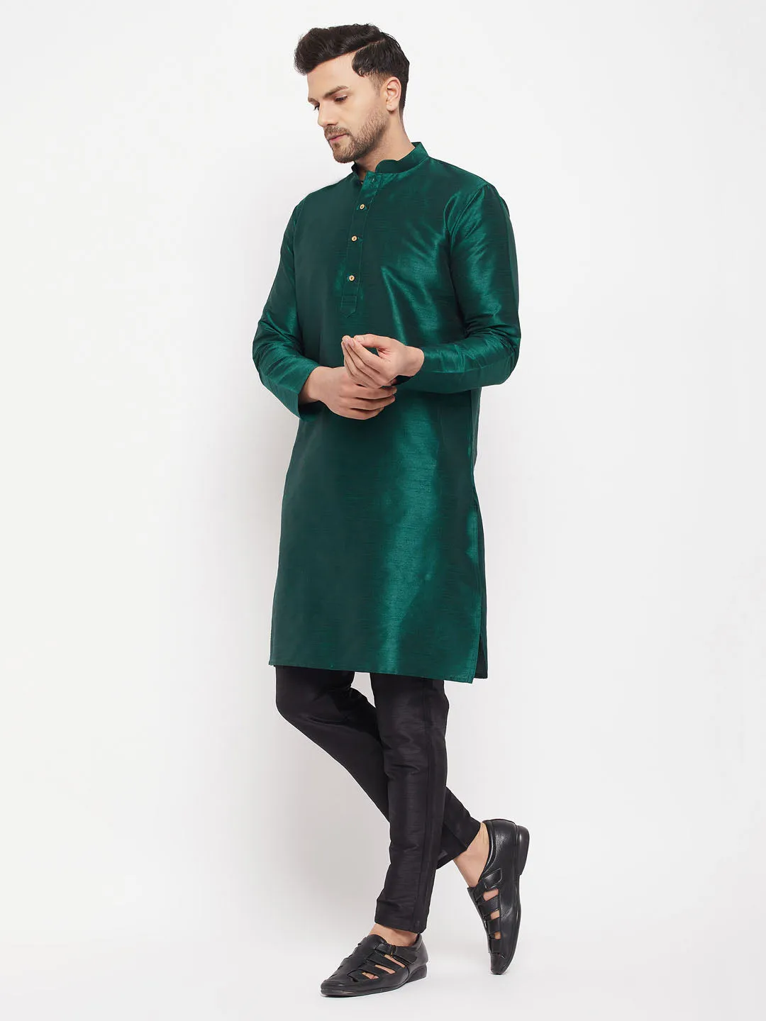 Jashvi Men's Green Cotton Silk Blend Kurta and Black Pant Style Pyjama Set