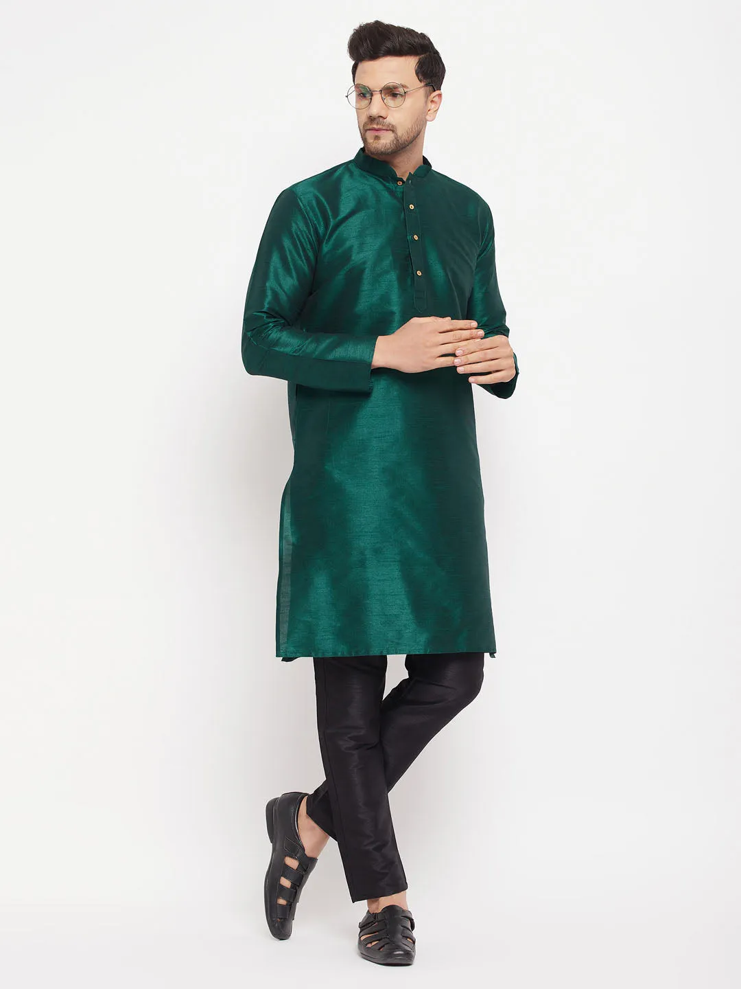 Jashvi Men's Green Cotton Silk Blend Kurta and Black Pant Style Pyjama Set