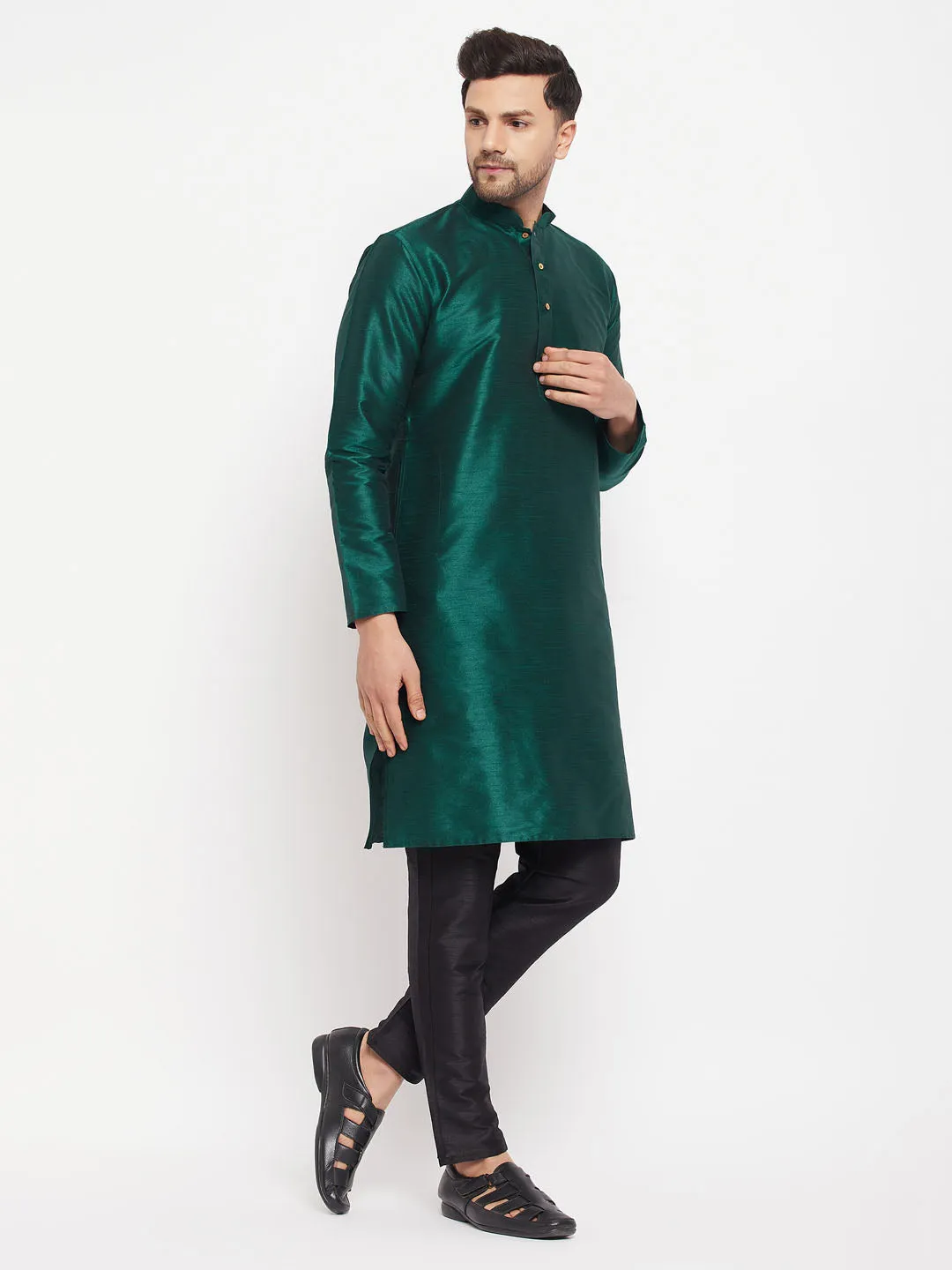 Jashvi Men's Green Cotton Silk Blend Kurta and Black Pant Style Pyjama Set