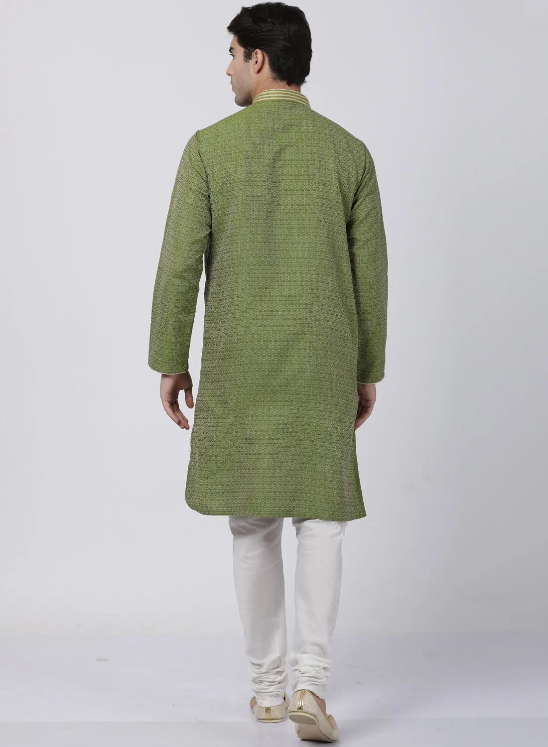 Jashvi Men's Green Cotton Silk Blend Kurta and Churidar Set