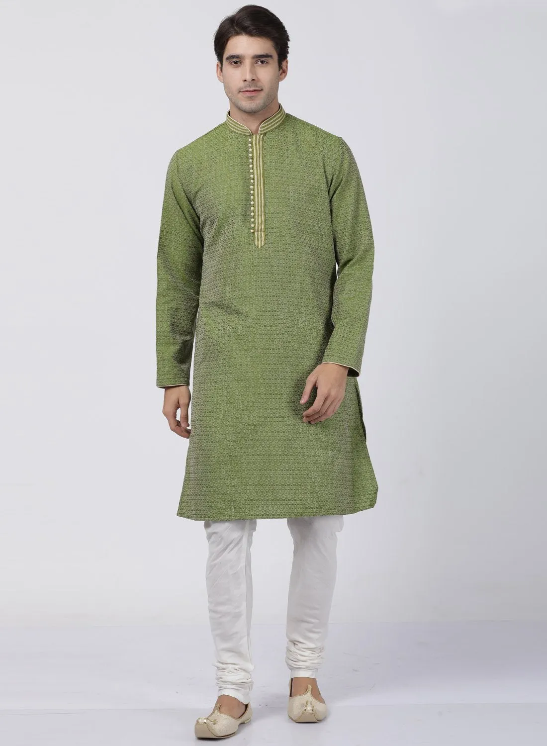 Jashvi Men's Green Cotton Silk Blend Kurta and Churidar Set