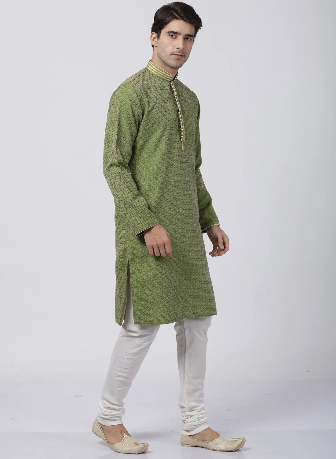 Jashvi Men's Green Cotton Silk Blend Kurta and Churidar Set