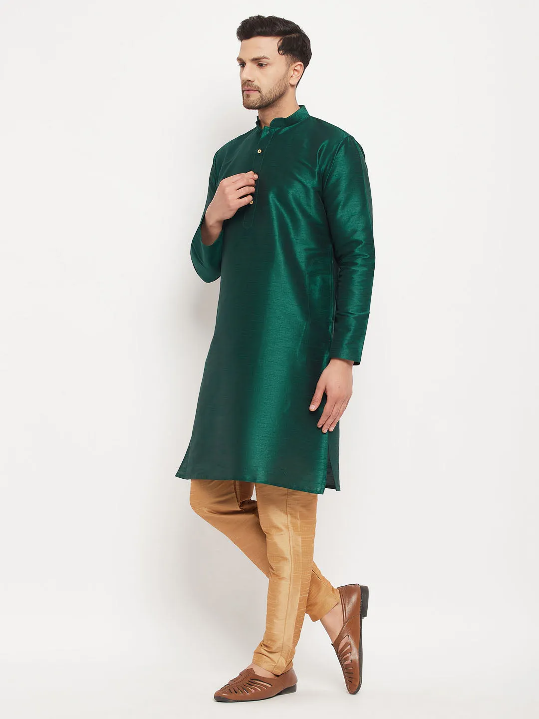 Jashvi Men's Green Cotton Silk Blend Kurta and Rose Gold Pant Style Pyjama Set