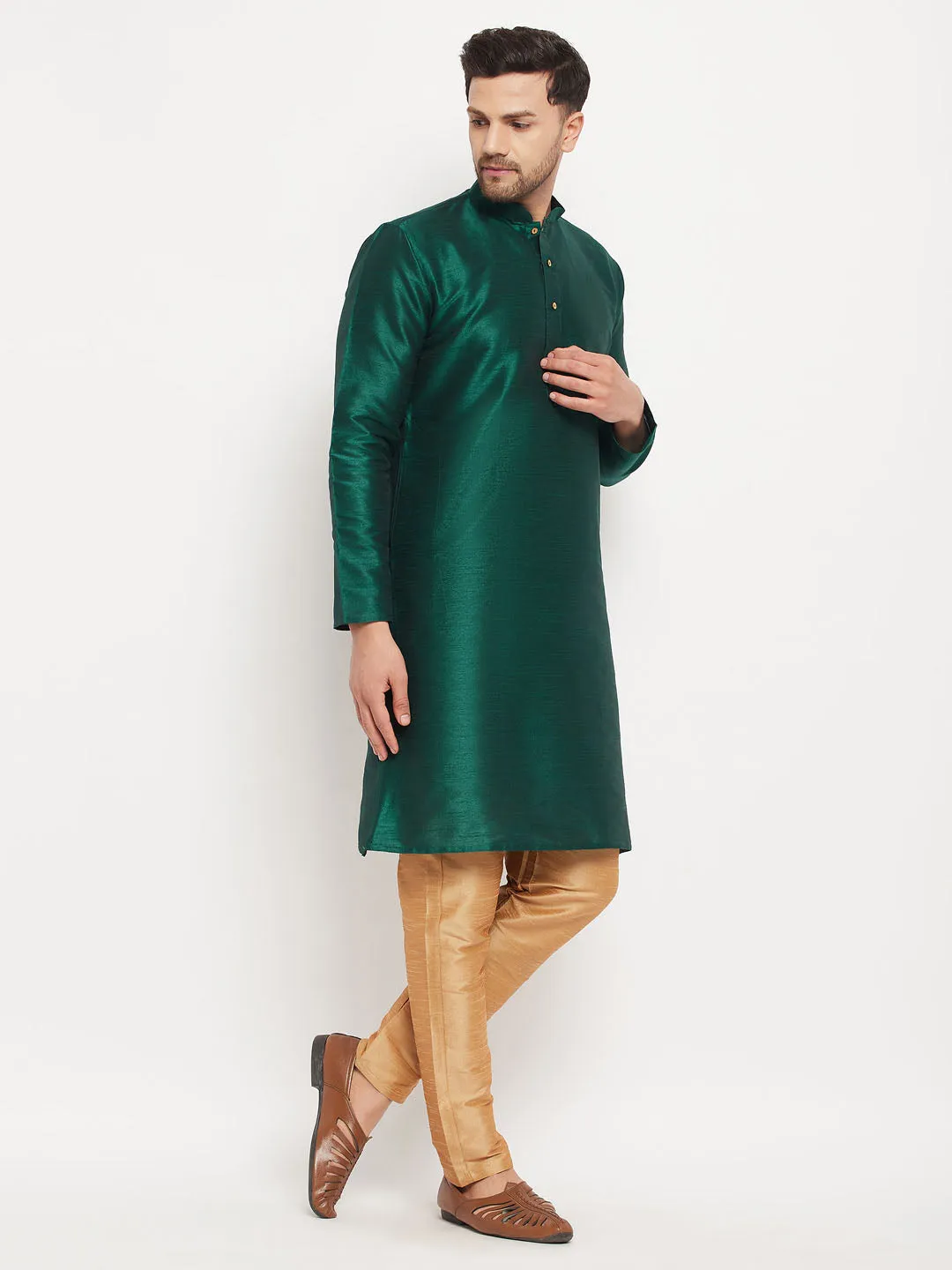 Jashvi Men's Green Cotton Silk Blend Kurta and Rose Gold Pant Style Pyjama Set