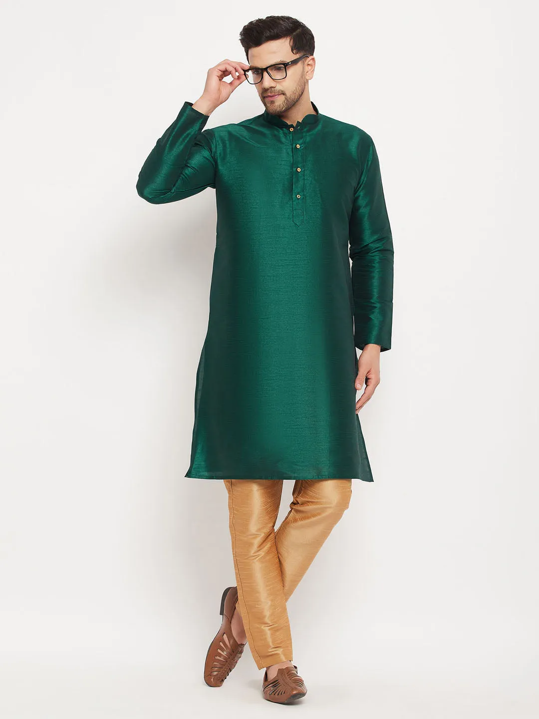 Jashvi Men's Green Cotton Silk Blend Kurta and Rose Gold Pant Style Pyjama Set