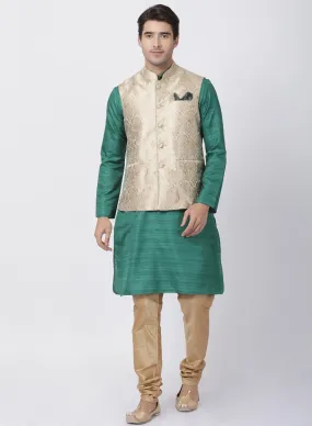 Jashvi Men's Green Cotton Silk Blend Kurta, Nehru Jacket and Pyjama Set