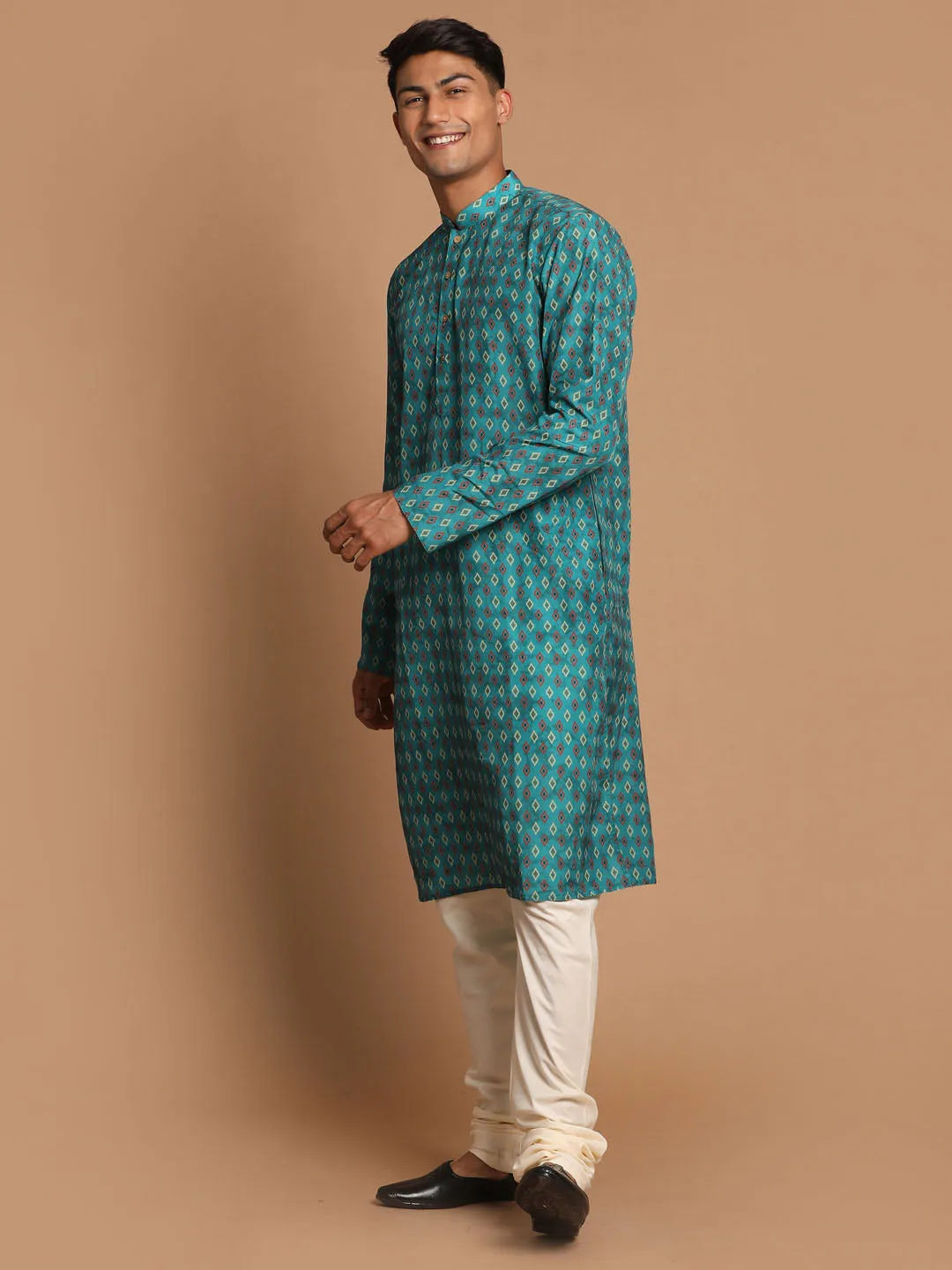 Jashvi Men's Green Ethnic Kurta with Cream Pyjama Set