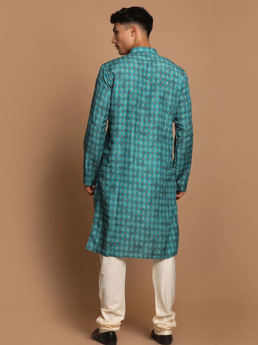 Jashvi Men's Green Ethnic Kurta with Cream Pyjama Set