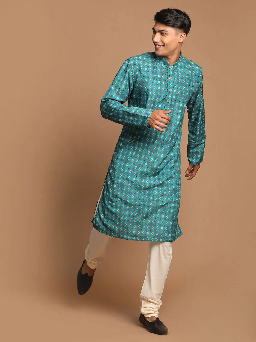 Jashvi Men's Green Ethnic Kurta with Cream Pyjama Set