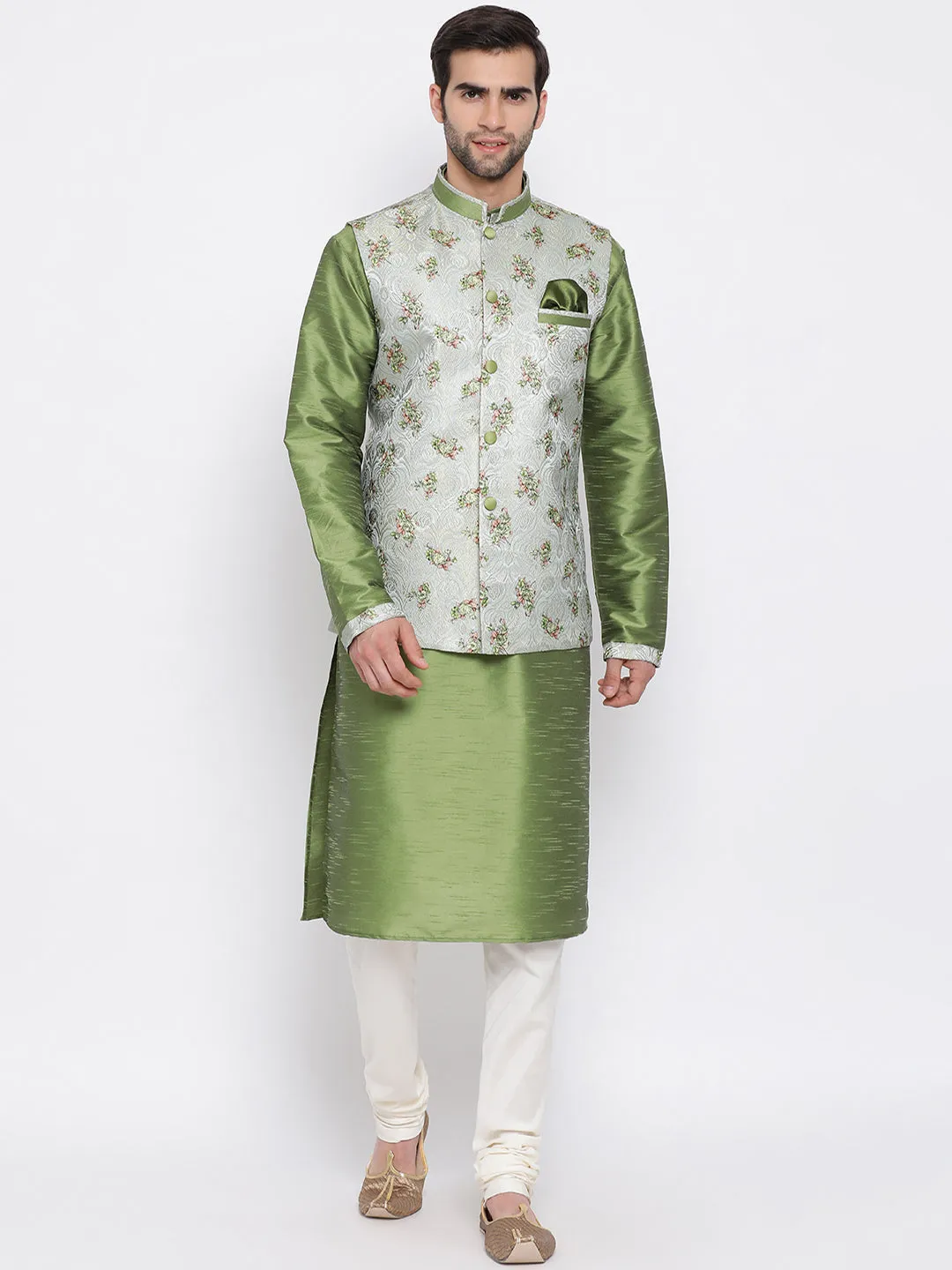 Jashvi Men's Green Floral Jacquard Jacket With Silk Kurta and Pyjama Set