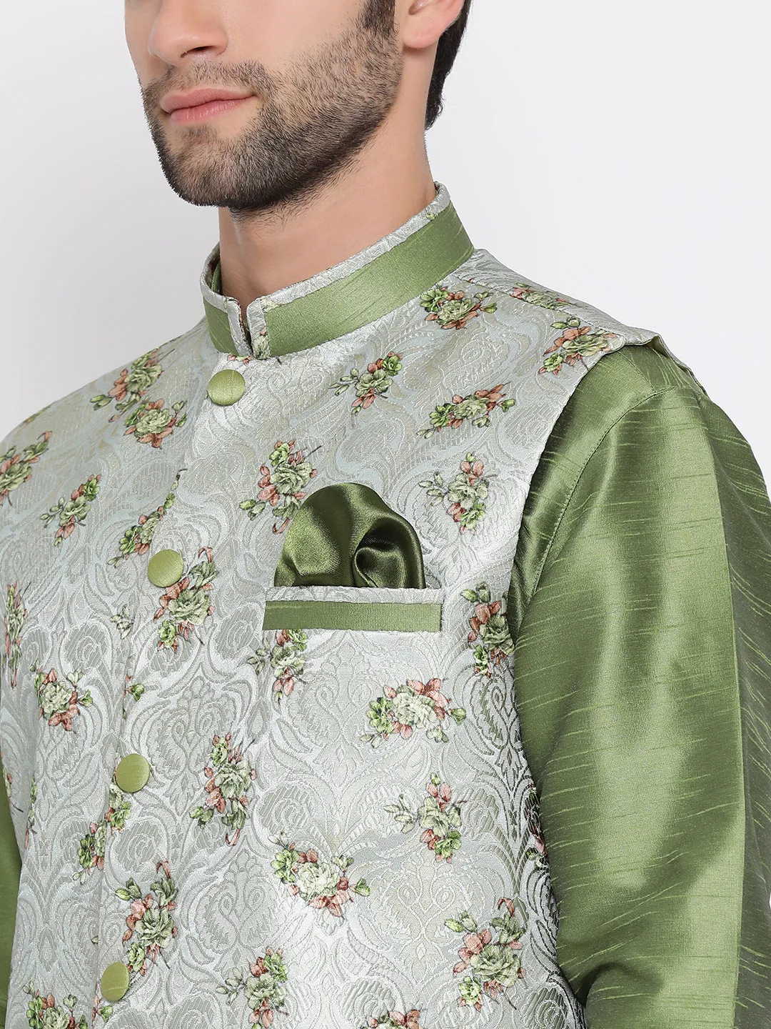 Jashvi Men's Green Floral Jacquard Jacket With Silk Kurta and Pyjama Set