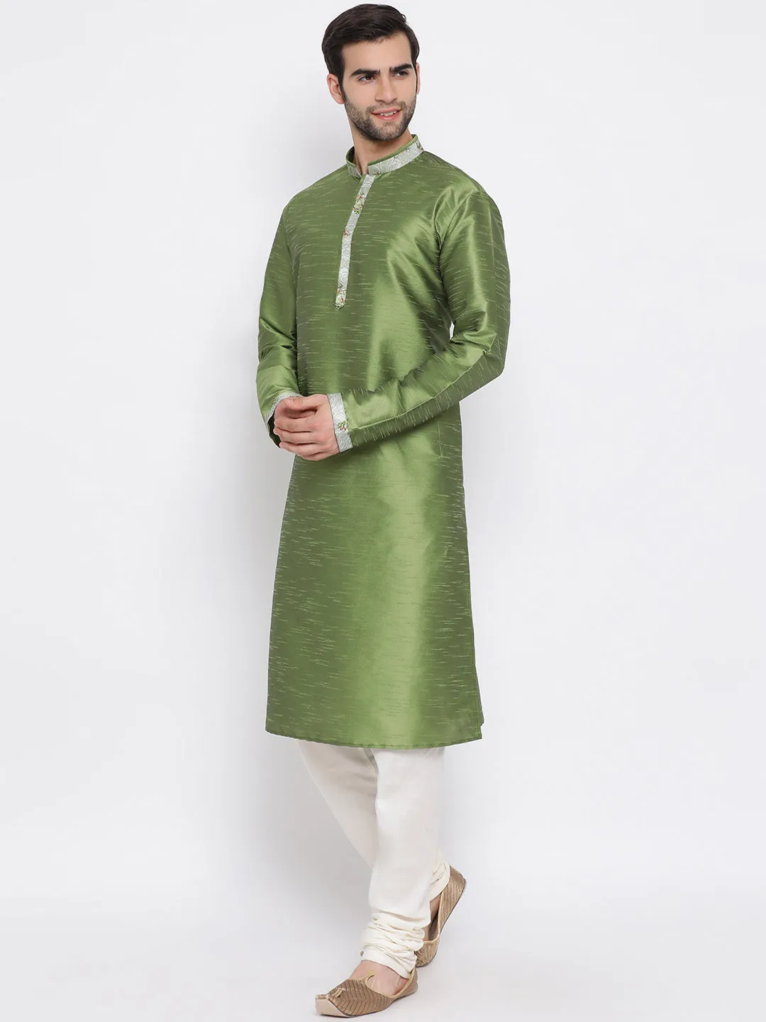 Jashvi Men's Green Floral Jacquard Jacket With Silk Kurta and Pyjama Set