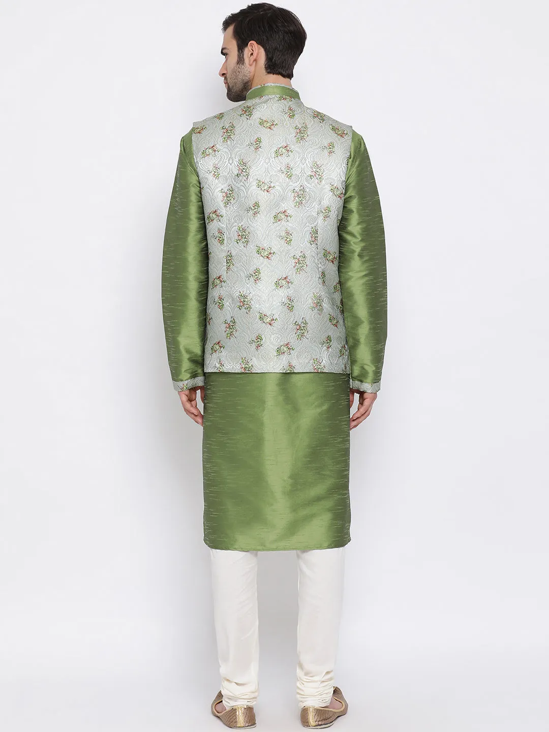 Jashvi Men's Green Floral Jacquard Jacket With Silk Kurta and Pyjama Set