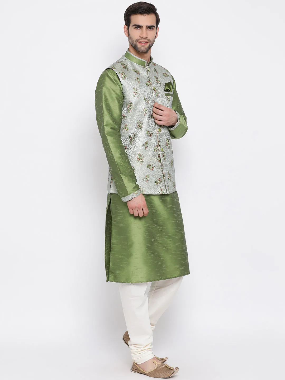 Jashvi Men's Green Floral Jacquard Jacket With Silk Kurta and Pyjama Set