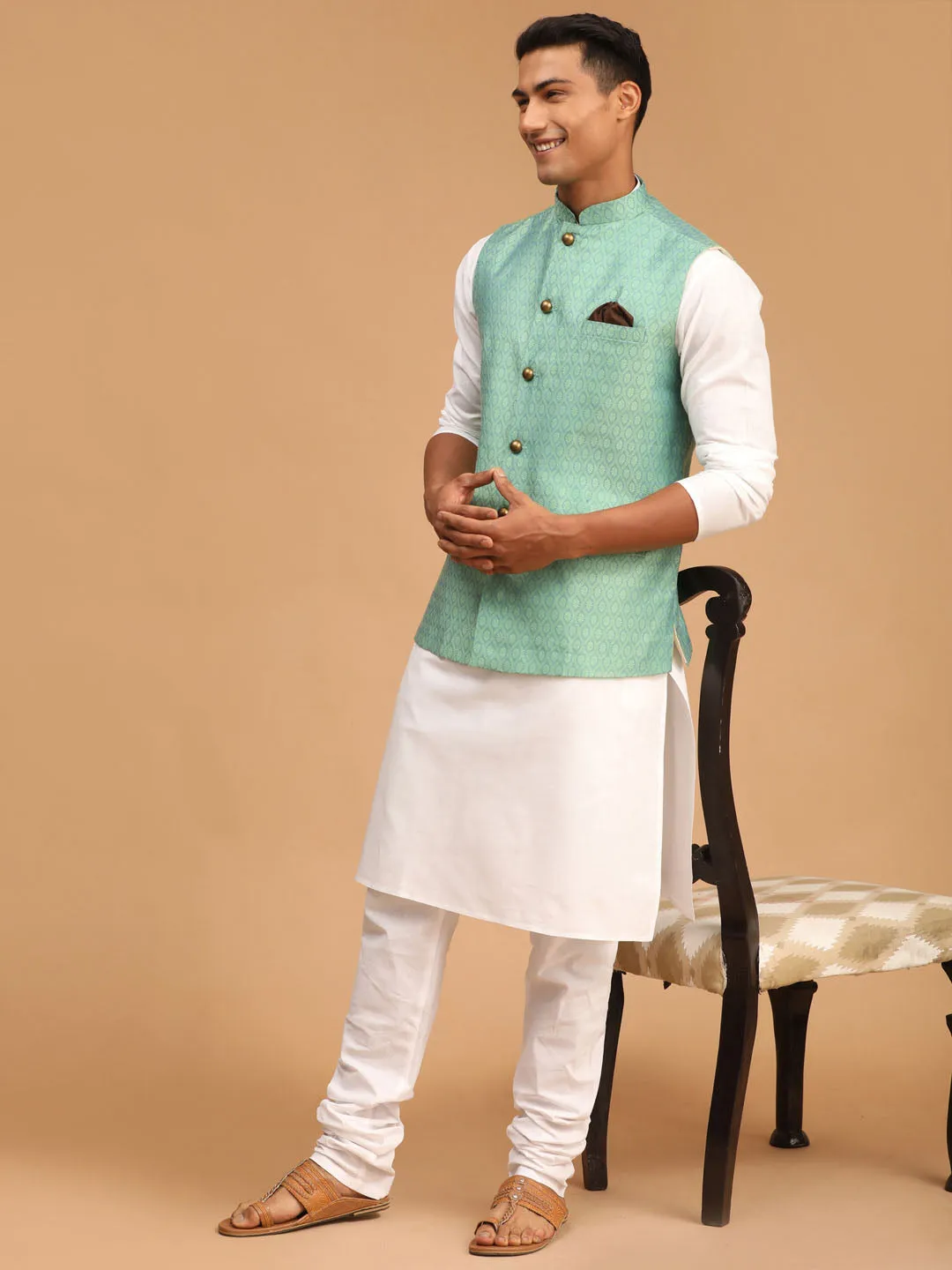 Jashvi Men's Green Jacquard Nehru Jacket with Kurta Pyjama Set