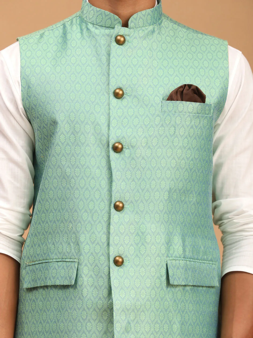 Jashvi Men's Green Jacquard Nehru Jacket with Kurta Pyjama Set