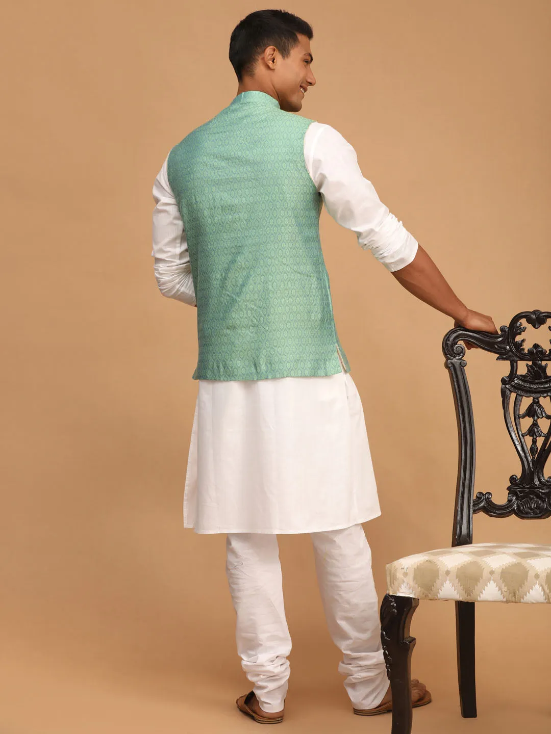 Jashvi Men's Green Jacquard Nehru Jacket with Kurta Pyjama Set