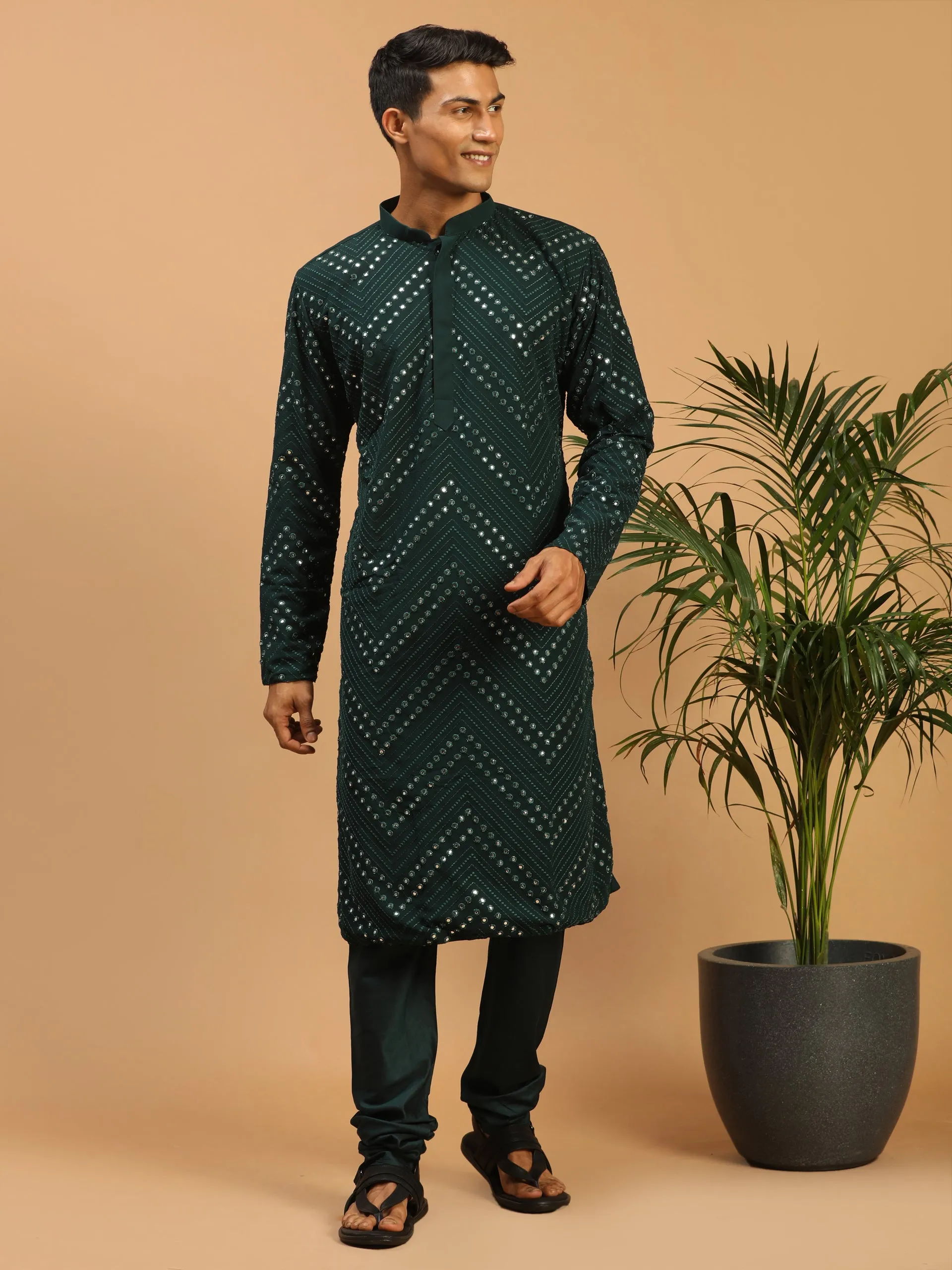 Jashvi Men's Green Mirror Kurta Pyjama Set