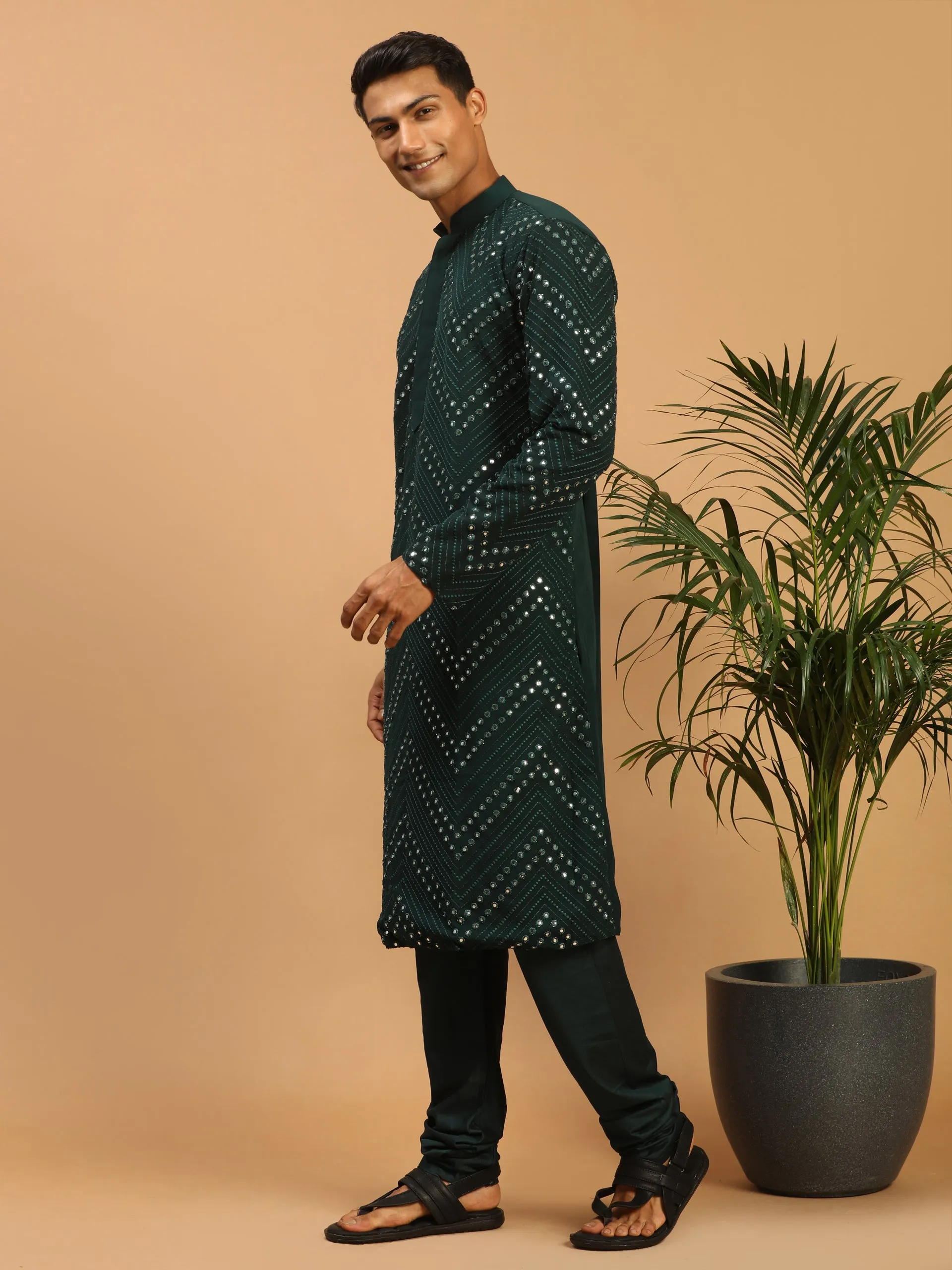 Jashvi Men's Green Mirror Kurta Pyjama Set